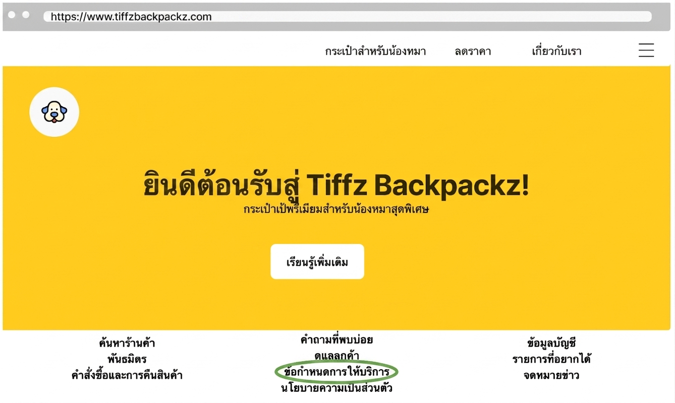 หน้า Terms of Service ของ Tiffz Backpackz
