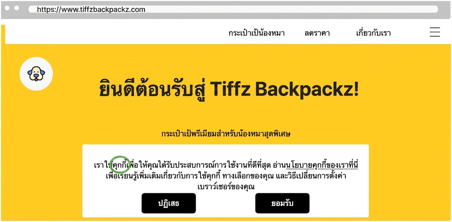 คุกกี้บนหน้า Landing Page ของ Tiffz Backpackz