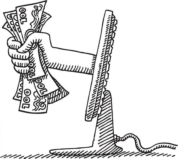 Hand reaching out from computer screen holding money