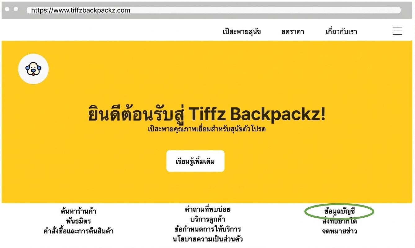 ข้อมูลบัญชีบน Landing Page ของ Tiffz Backpackz