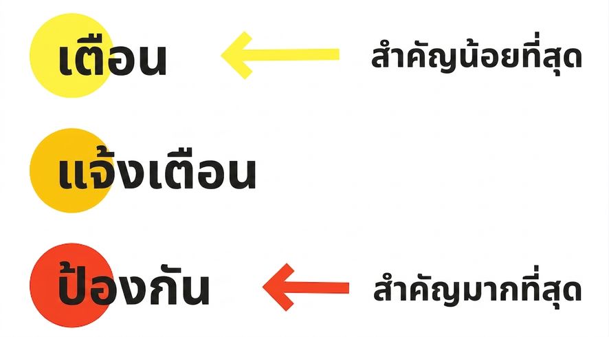 ภาพแสดงระดับเกณฑ์แจ้งเตือน 3 ระดับ: สีเหลืองคือเตือน สีส้มคือแจ้งเตือน และสีแดงคือหยุด สำหรับปัญหาที่วิกฤตที่สุด