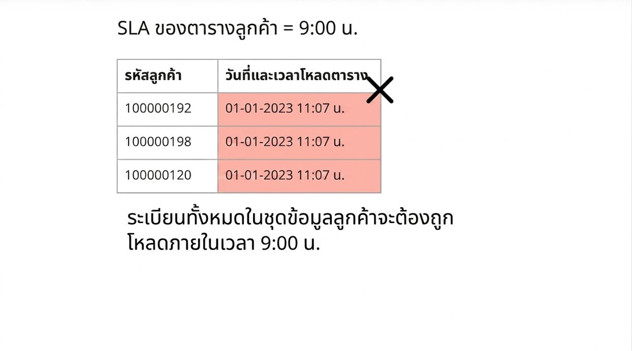 ตัวอย่าง Timeliness แสดงกฎคุณภาพข้อมูลและข้อมูลเวลาโหลดตาราง