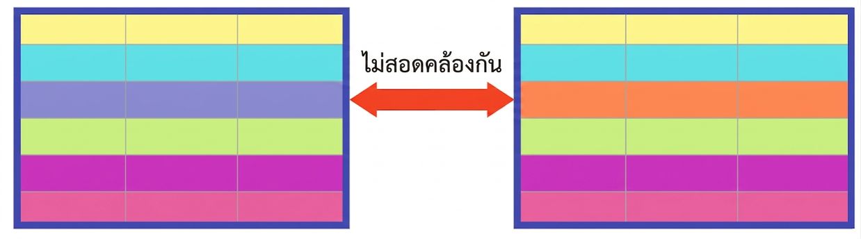 ตารางสองตารางที่แถวส่วนใหญ่มีสีเดียวกัน ยกเว้นหนึ่งแถวที่แสดงความไม่สอดคล้องกันระหว่างตาราง