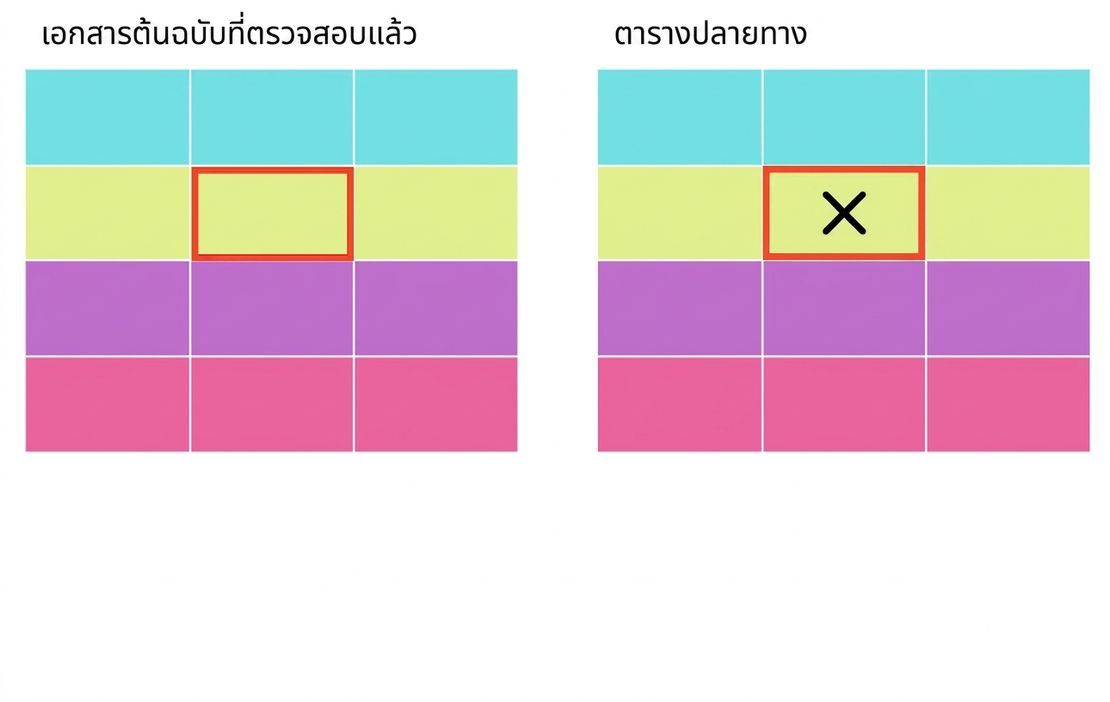 ตารางสองตารางแสดงแหล่งข้อมูลอ้างอิงที่ตรวจสอบแล้วและตาราง downstream ที่มีค่าผิดพลาดหนึ่งรายการ