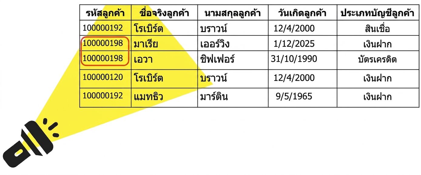 ตารางข้อมูลพร้อมไฟฉายส่องลงมา