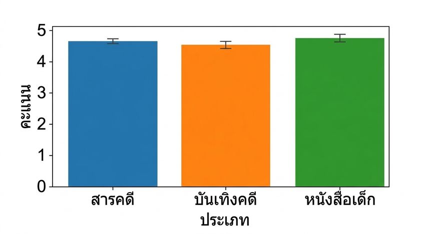 กราฟแท่งแสดงประเภทหนังสือและคะแนนเฉลี่ย