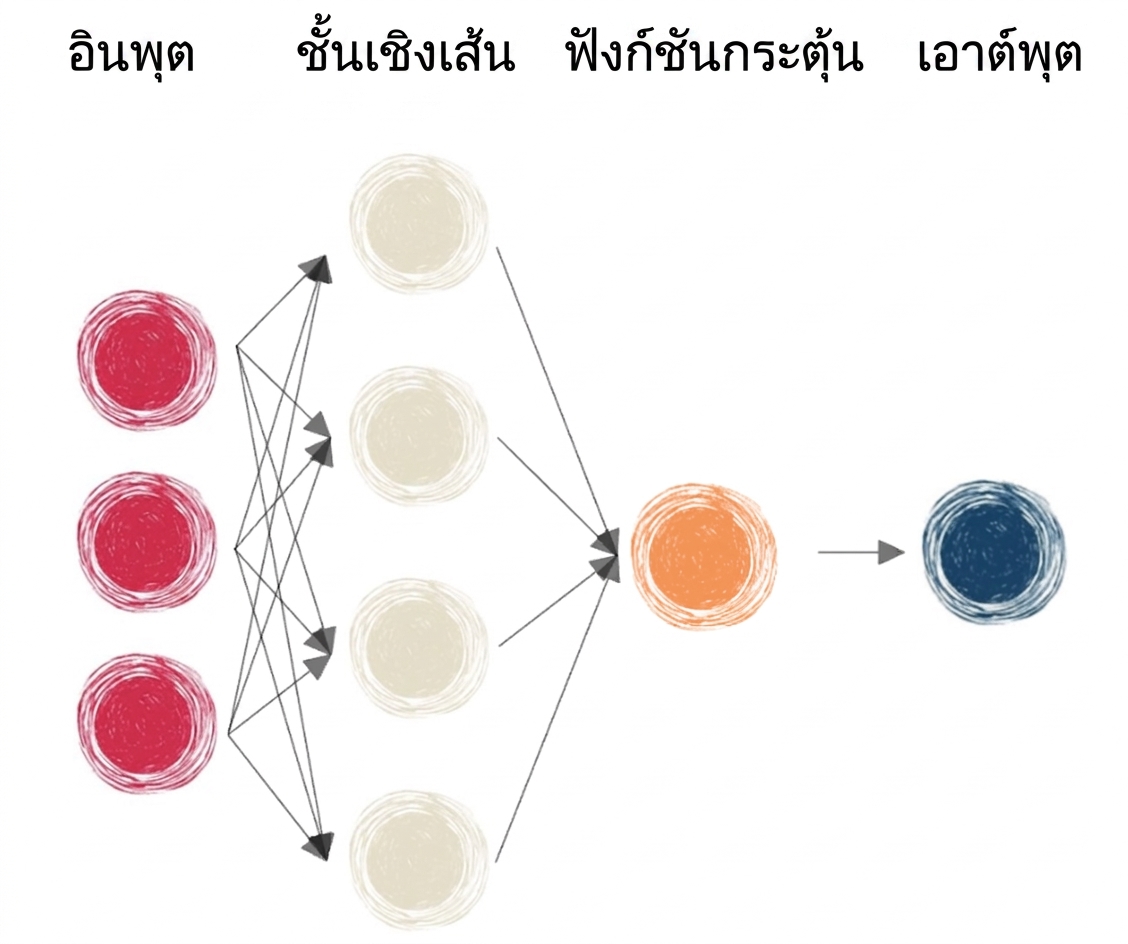 ไดอะแกรมโครงข่ายประสาทเทียมที่มี linear layers และ activation function