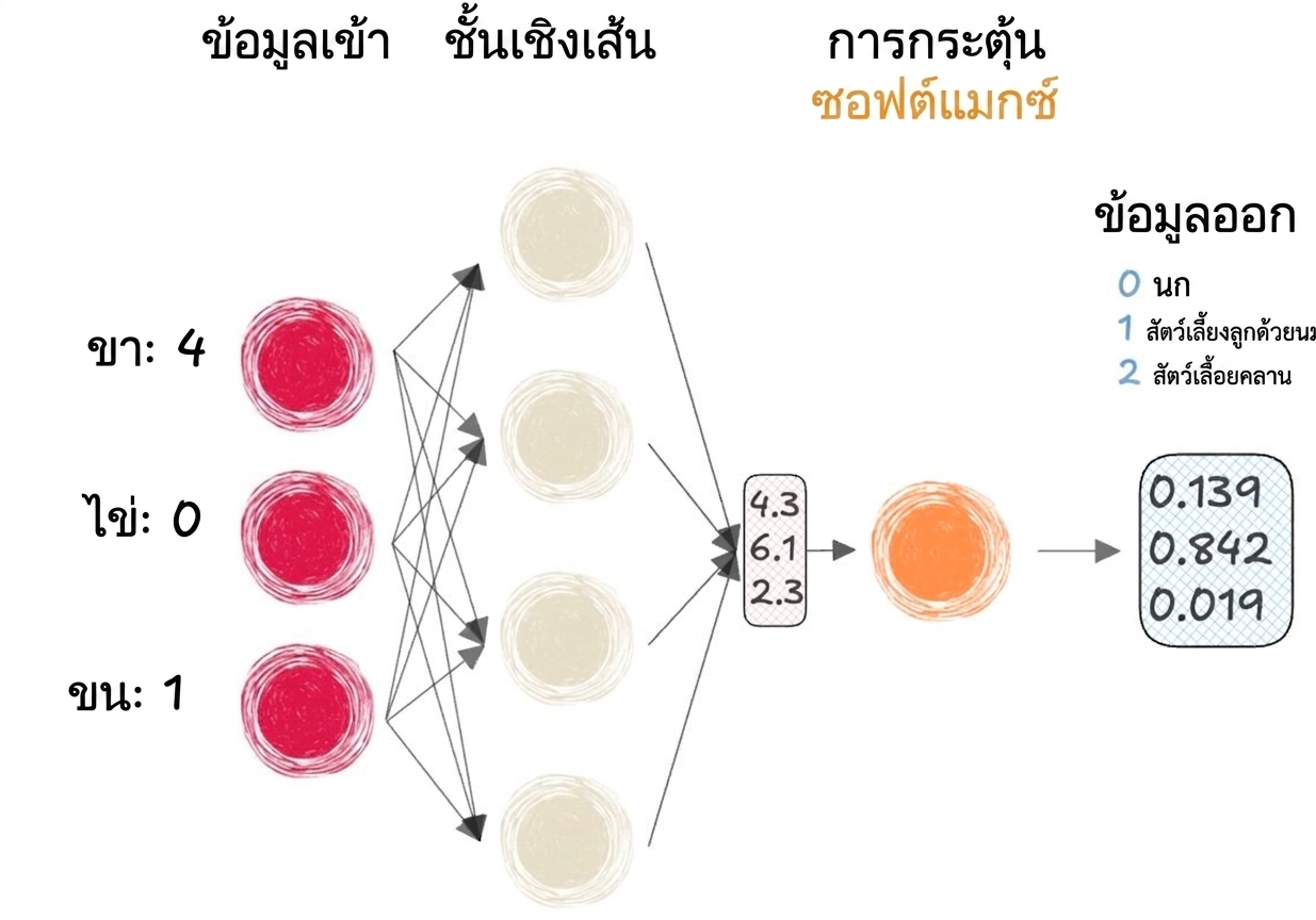 ไดอะแกรมส่วนหนึ่งของโครงข่ายประสาทเทียมที่มี inputs, เวกเตอร์เป็น output ไปยัง linear layers, softmax activation function และ output