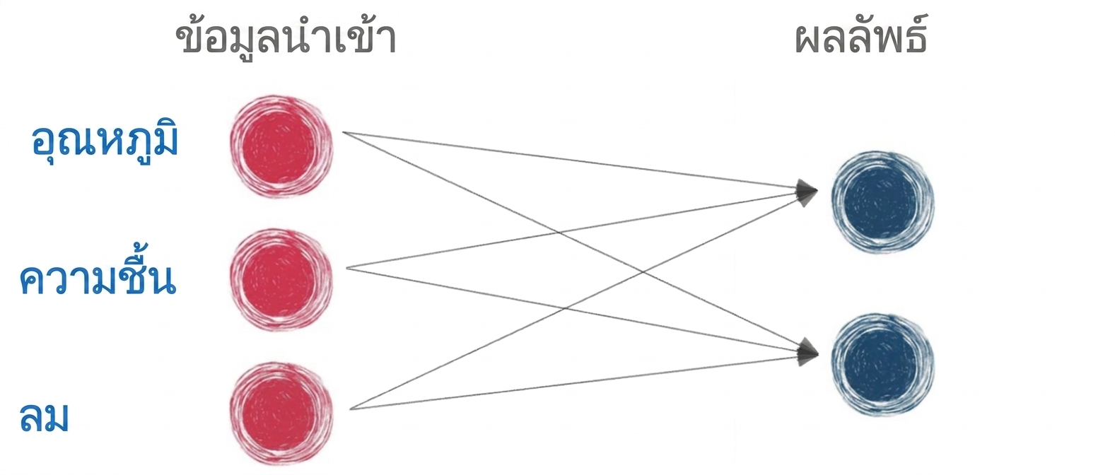 ไดอะแกรมแสดงโครงข่ายประสาทเทียมพื้นฐานที่มีเฉพาะอินพุตและเอาต์พุต