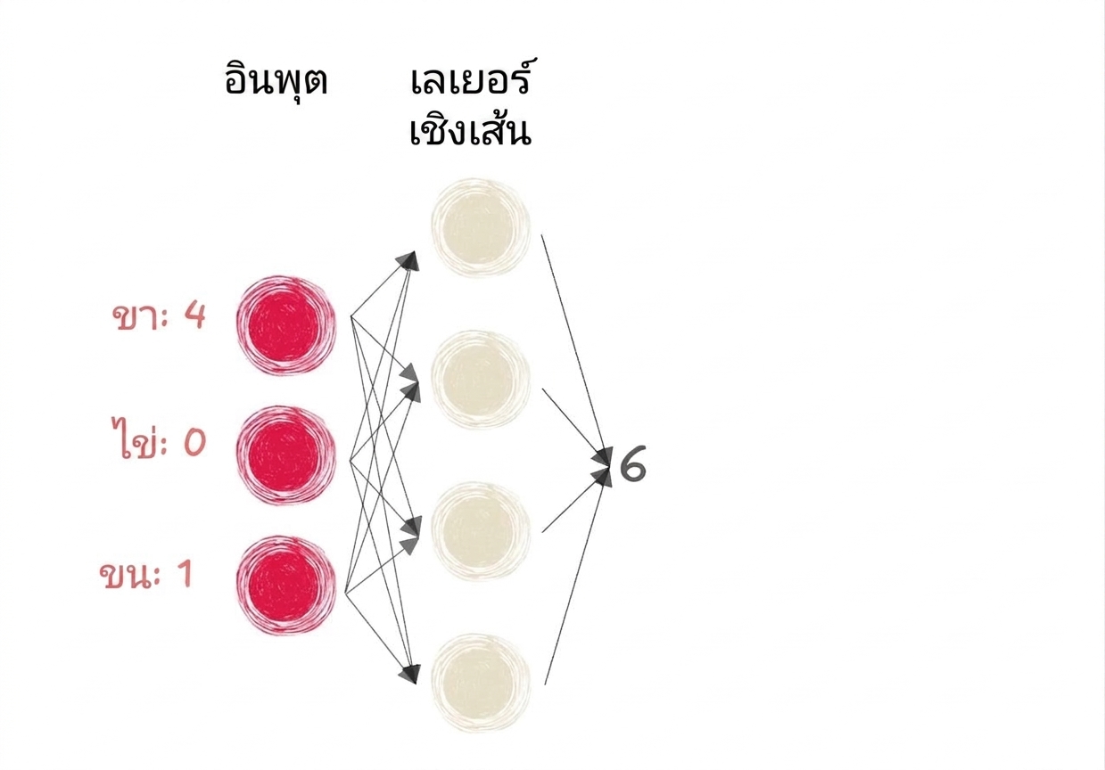 ไดอะแกรมส่วนหนึ่งของโครงข่ายประสาทเทียมที่มี inputs และตัวเลข 6 เป็น output ไปยัง linear layers
