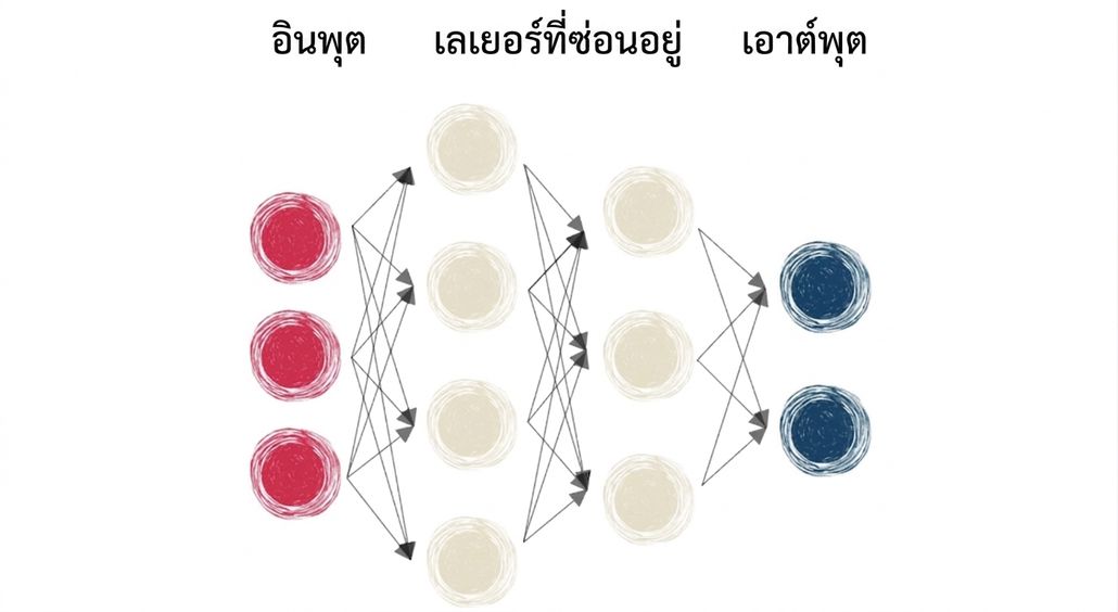 ไดอะแกรมแสดงโครงข่ายประสาทเทียมที่มีอินพุต เลเยอร์ซ่อน และเอาต์พุต