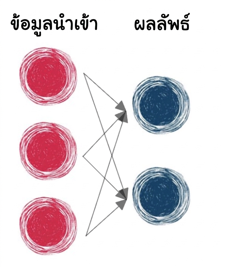 ไดอะแกรมแสดงโครงข่ายประสาทเทียมพื้นฐานที่มีเฉพาะอินพุตและเอาต์พุต