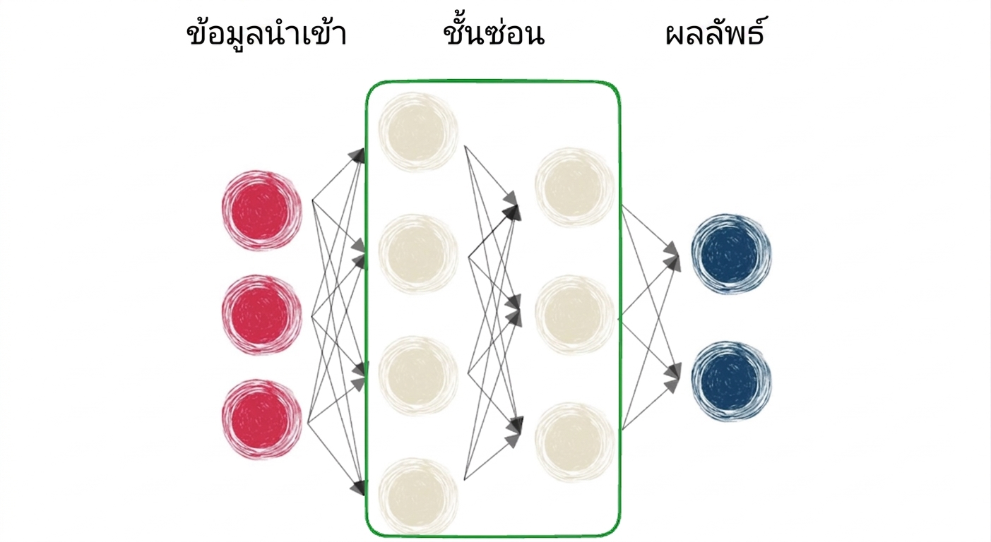 ไดอะแกรมแสดงโครงข่ายประสาทเทียมที่มีอินพุต เลเยอร์ซ่อน และเอาต์พุต