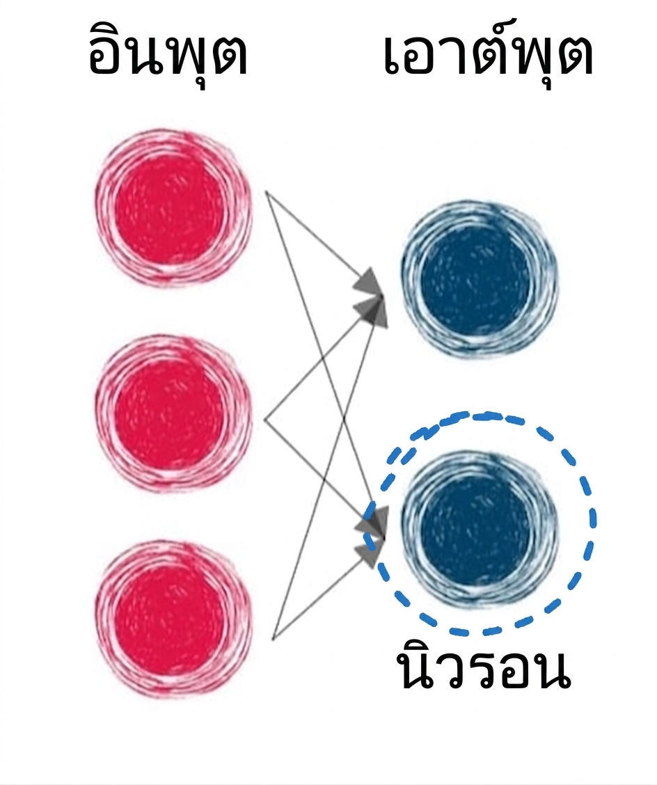 ภาพประกอบเลเยอร์อินพุตและเอาต์พุตที่มีลูกศรเชื่อมระหว่างเลเยอร์และวงกลมล้อมรอบนิวรอนเอาต์พุตหนึ่งตัว