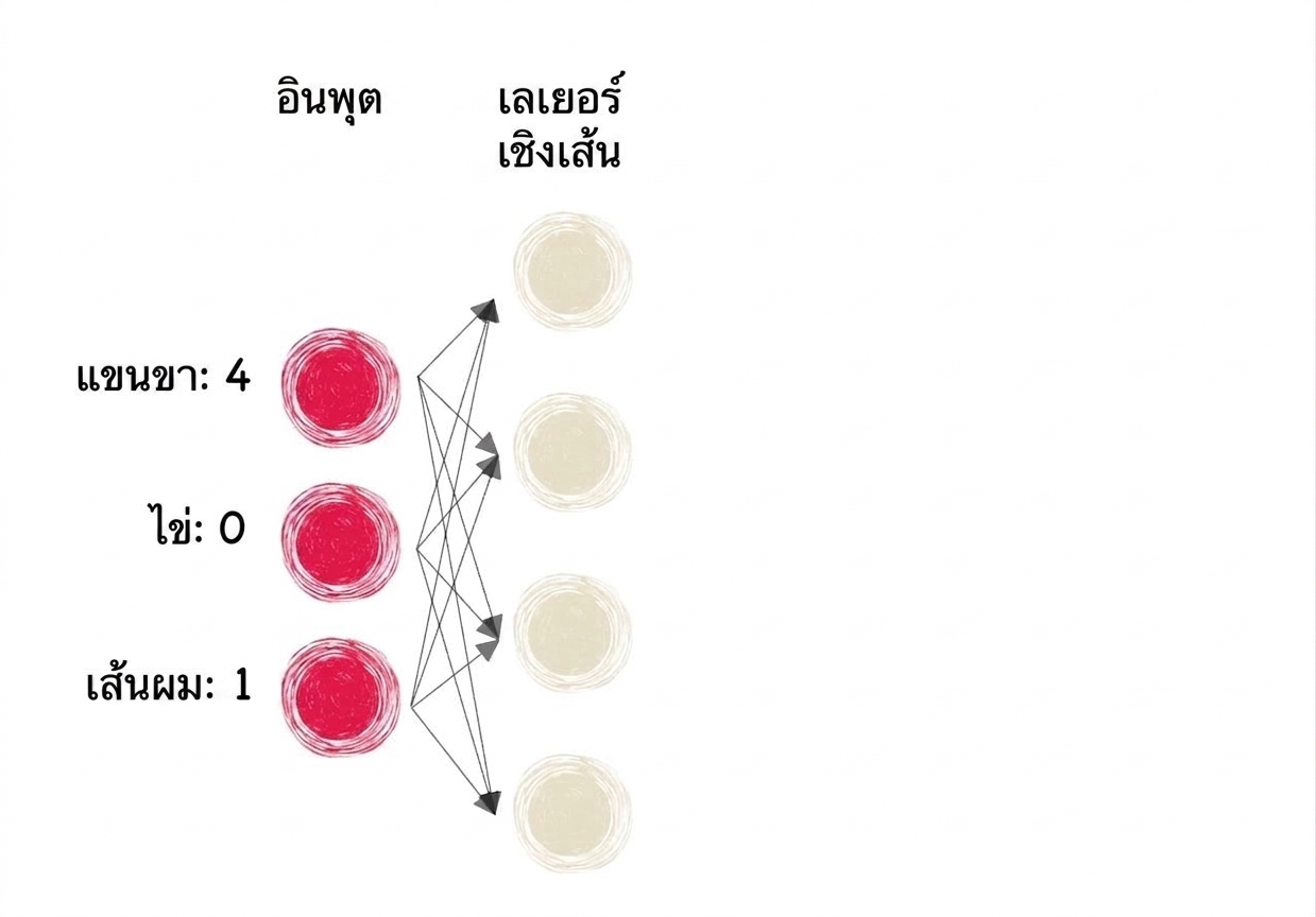 ไดอะแกรมส่วนหนึ่งของโครงข่ายประสาทเทียมที่มี inputs และ linear layers