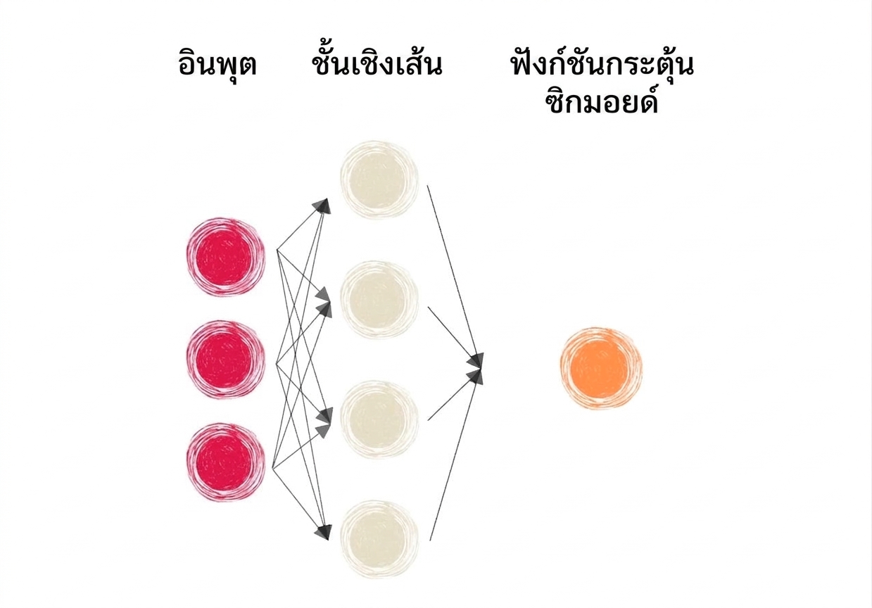 ไดอะแกรมส่วนหนึ่งของโครงข่ายประสาทเทียมที่มี input, linear layers และ activation function