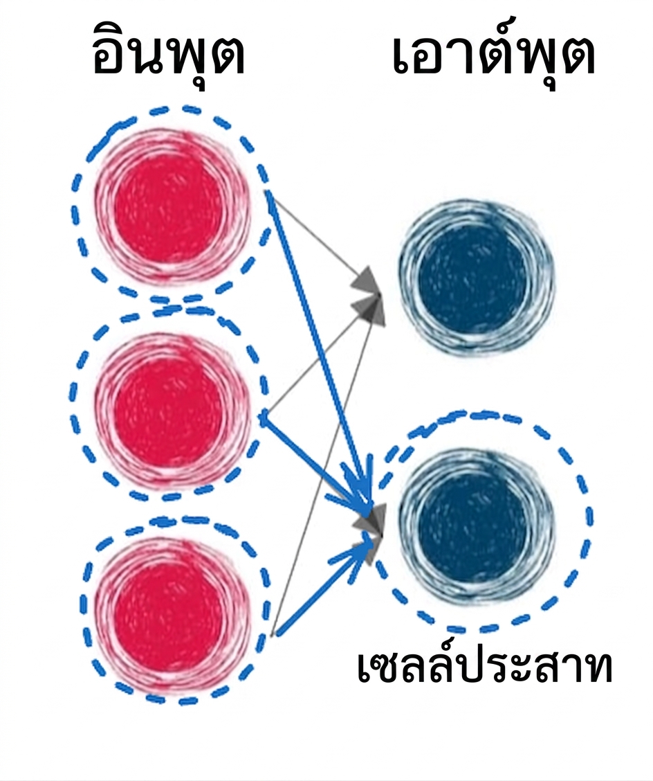 ภาพประกอบเลเยอร์อินพุตและเอาต์พุตที่มีลูกศรเชื่อมระหว่างเลเยอร์ วงกลมล้อมนิวรอนเอาต์พุตหนึ่งตัว และลูกศรที่ถูกไฮไลต์