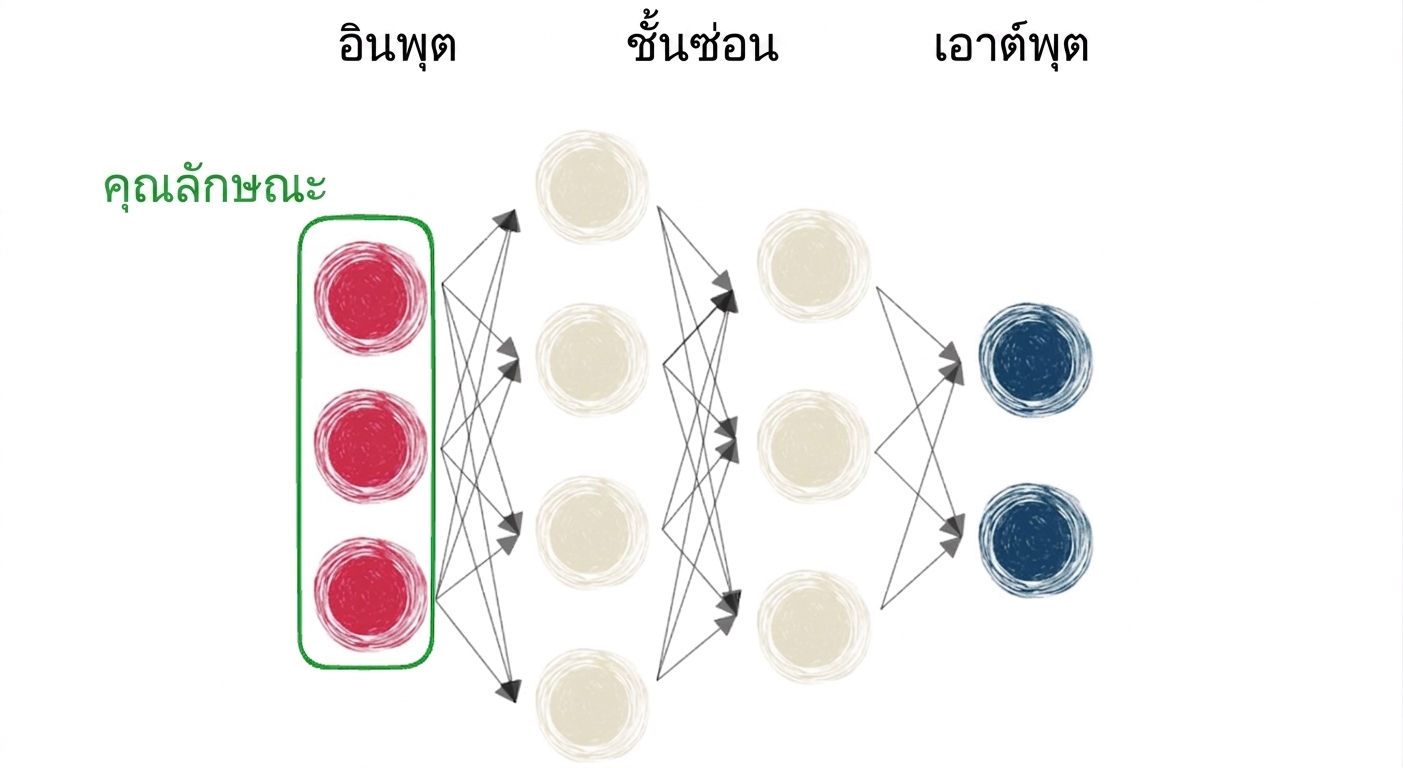 ไดอะแกรมแสดงโครงข่ายประสาทเทียมที่มีอินพุต เลเยอร์ซ่อน และเอาต์พุต
