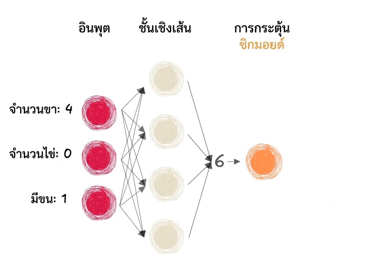 ไดอะแกรมส่วนหนึ่งของโครงข่ายประสาทเทียมที่มี inputs, ตัวเลข 6 เป็น output ไปยัง linear layers และ sigmoid activation function