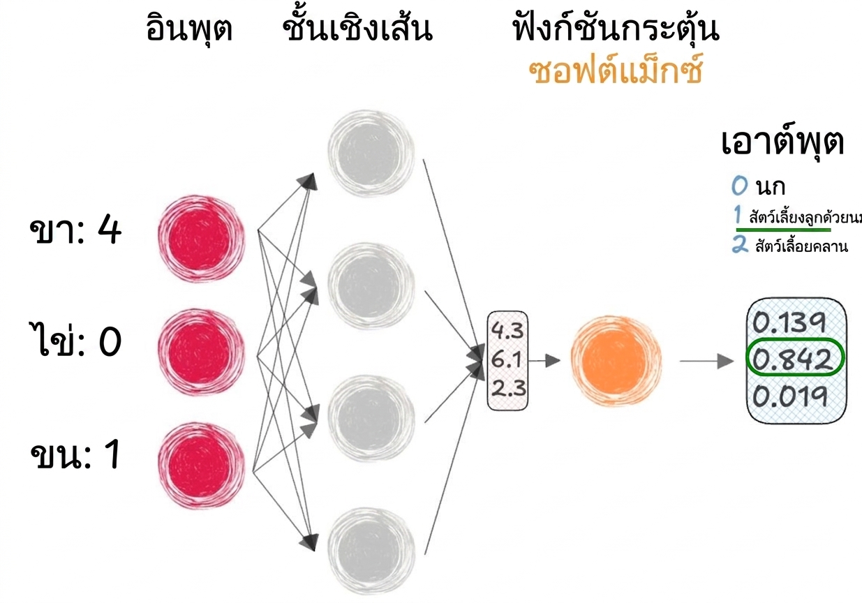 ไดอะแกรมส่วนหนึ่งของโครงข่ายประสาทเทียมที่มี inputs, เวกเตอร์เป็น output ไปยัง linear layers, softmax activation function และ output