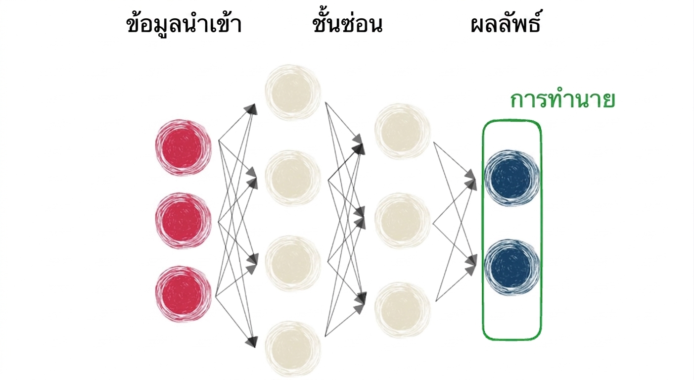 ไดอะแกรมแสดงโครงข่ายประสาทเทียมที่มีอินพุต เลเยอร์ซ่อน และเอาต์พุต