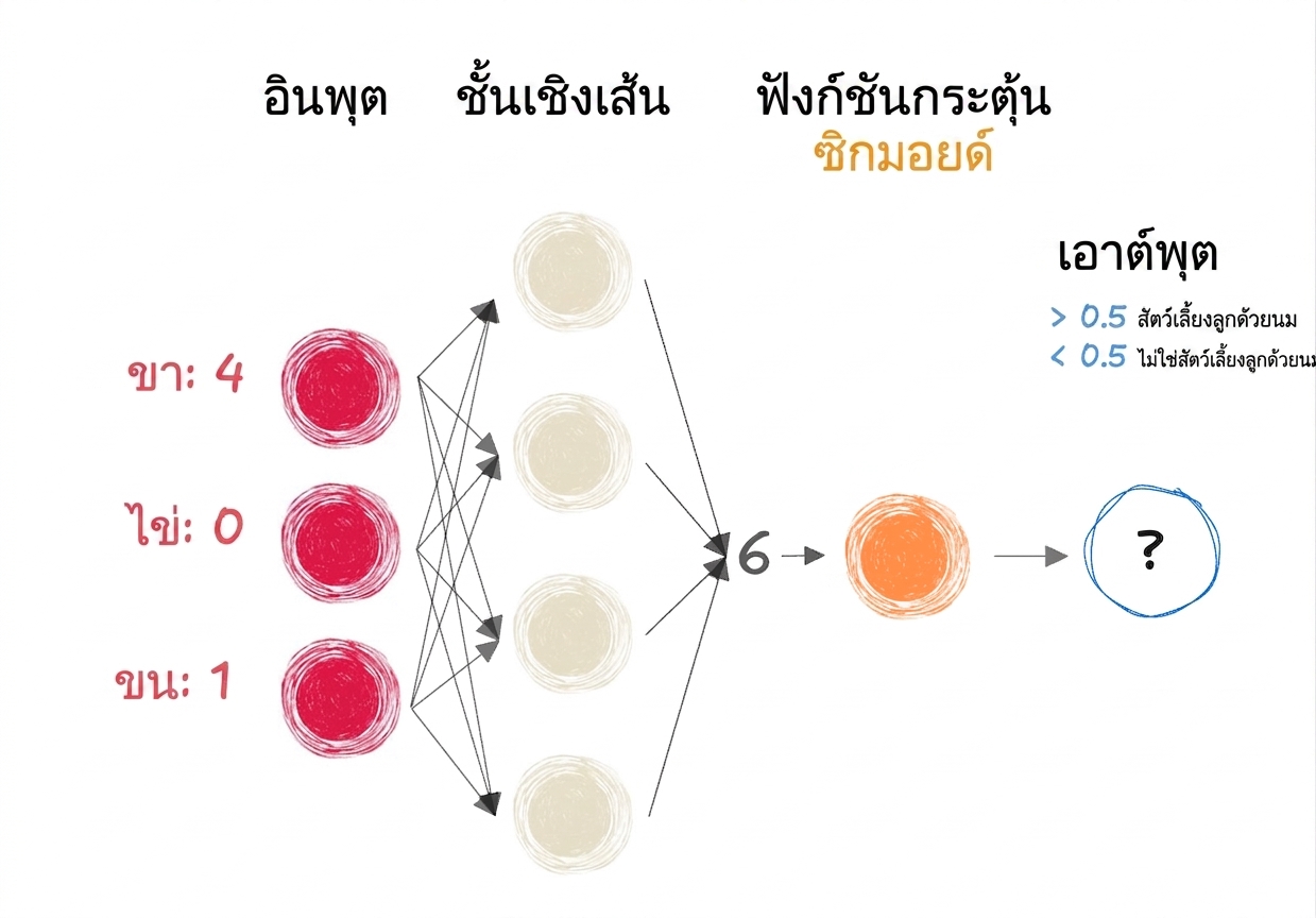ไดอะแกรมส่วนหนึ่งของโครงข่ายประสาทเทียมที่มี inputs, ตัวเลข 6 เป็น output ไปยัง linear layers, sigmoid activation function และ output