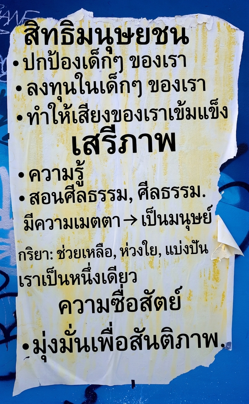 ภาพโปสเตอร์ขาดบนผนังที่มีถ้อยแถลงด้านจริยธรรม