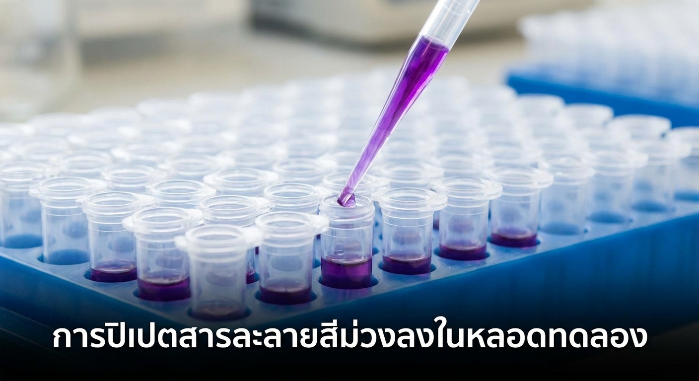 ภาพหลอดทดลองและปิเปตต์สีชมพูในห้องปฏิบัติการเภสัชกรรม