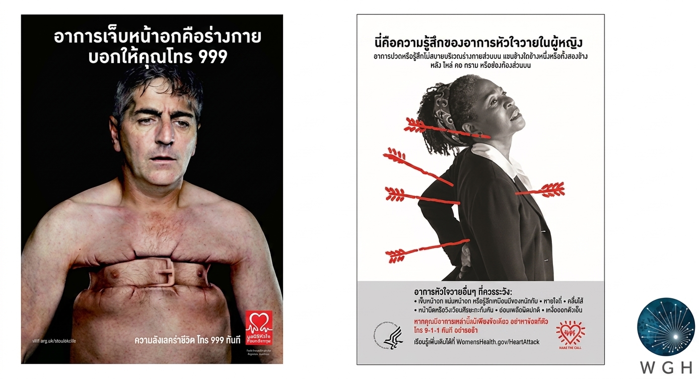 ภาพประกอบอาการหัวใจวายที่แตกต่างกันในผู้ชาย (แน่นหน้าอก) และผู้หญิง (ปวดหลัง)
