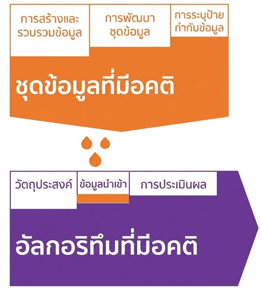 ภาพประกอบอคติในข้อมูลที่เกิดขึ้นในแต่ละขั้นตอนของวงจรข้อมูล ซึ่งส่งผลให้อัลกอริทึมมีอคติ
