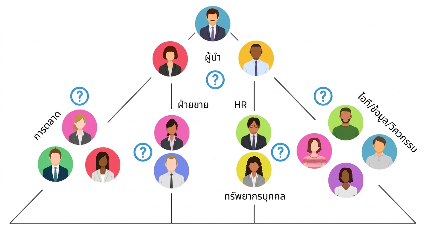 แผนภาพแสดงทีมและบทบาทต่าง ๆ ในธุรกิจ ได้แก่ ผู้นำองค์กร การตลาด การขาย HR และบทบาทด้านเทคนิค