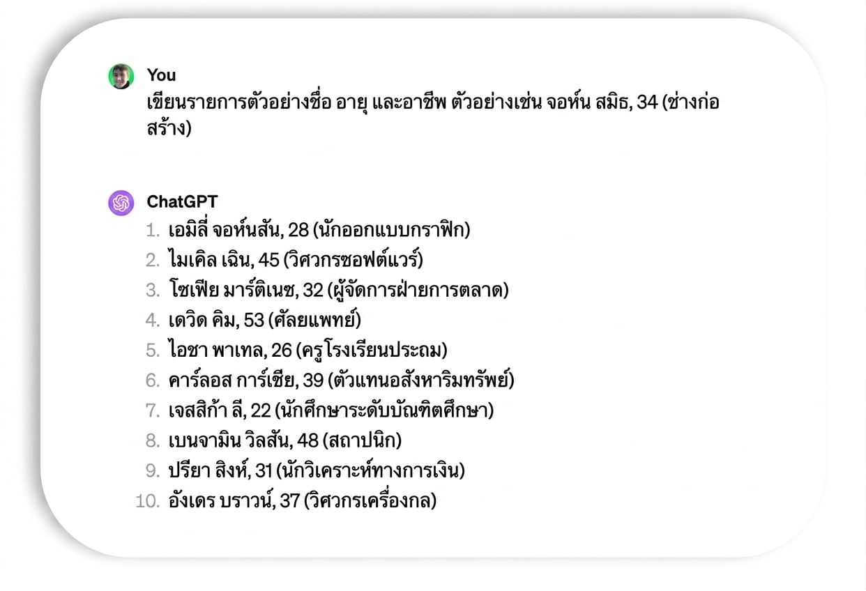 Prompt และการตอบกลับพร้อมชื่อและอาชีพตัวอย่าง