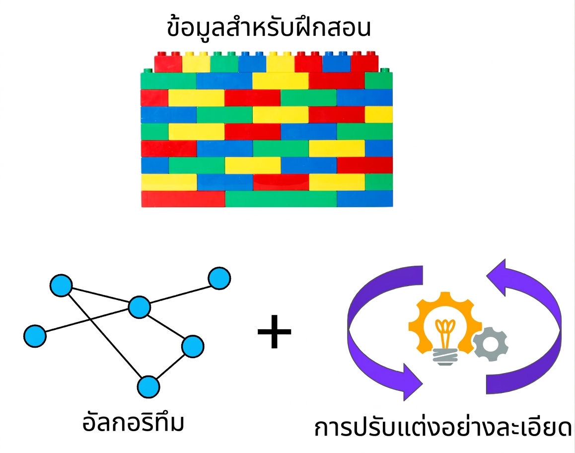 สามองค์ประกอบหลักของ Large Language Model ได้แก่ ข้อมูลฝึกสอน อัลกอริทึมตรวจจับรูปแบบ และกระบวนการ Fine-tuning
