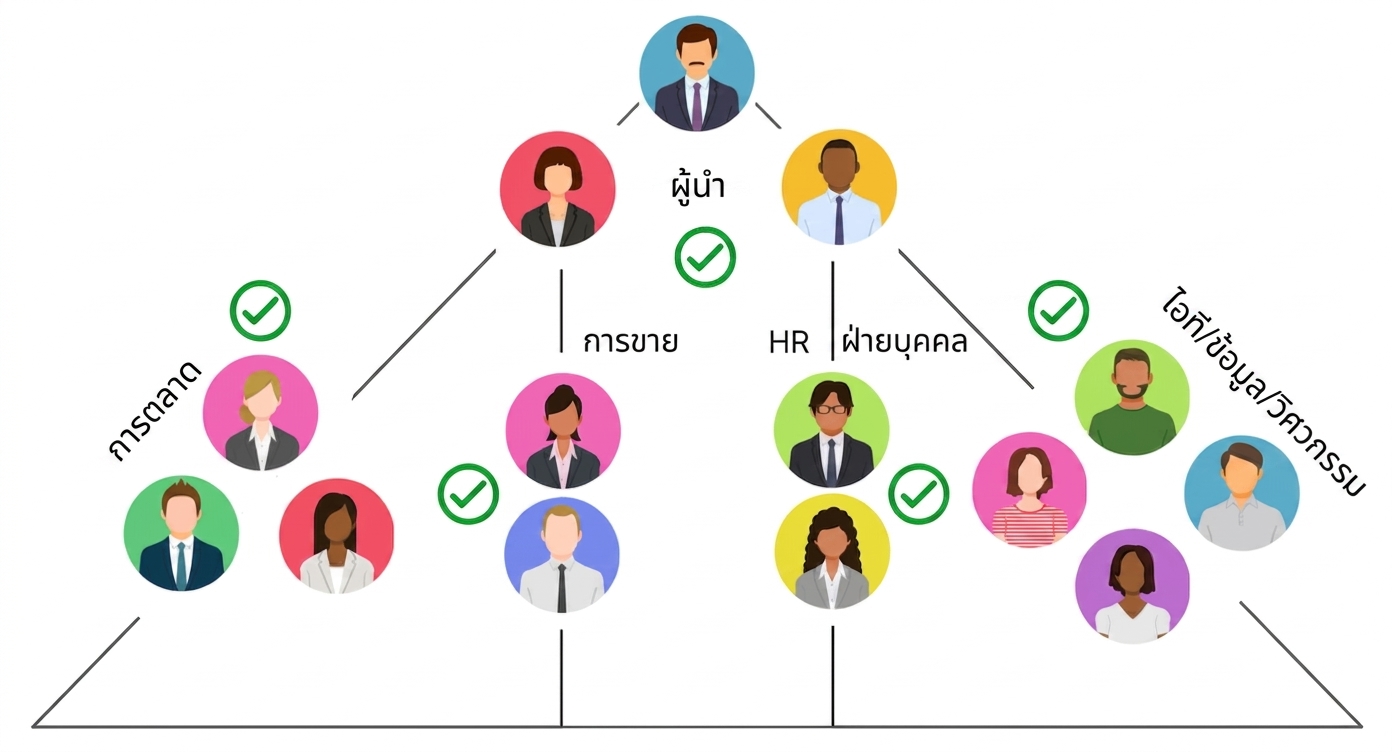 แผนภาพแสดงทีมและบทบาทต่าง ๆ ในธุรกิจ ได้แก่ ผู้นำองค์กร การตลาด การขาย HR และบทบาทด้านเทคนิค ทุกบทบาทสามารถยกระดับเวิร์กโฟลว์ด้วย ChatGPT