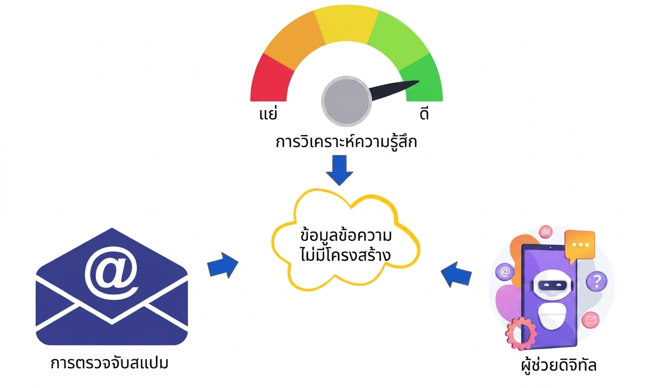 ภาพแสดงการวิเคราะห์ความรู้สึก การตรวจจับสแปม และผู้ช่วยดิจิทัล