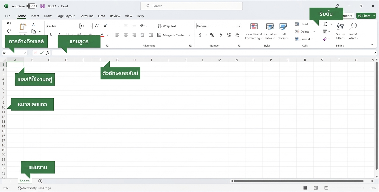 ภาพหน้าจออินเทอร์เฟซ Excel