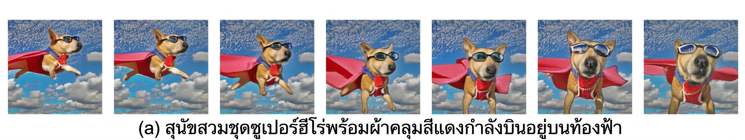 Frames of an AI-generated video of a flying dog