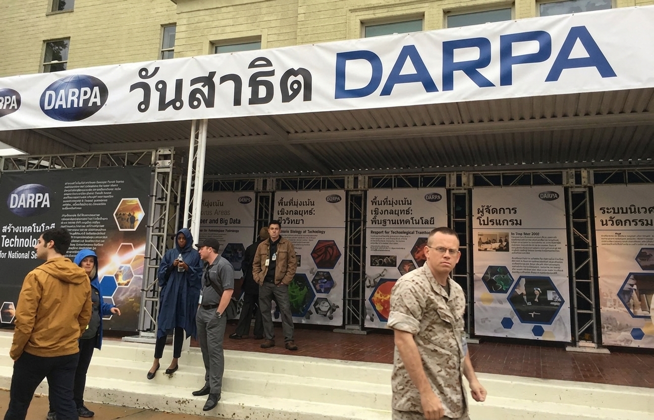 ภาพบูธนิทรรศการในงานประชุม มีป้ายข้อความว่า "DARPA Demo Day"
