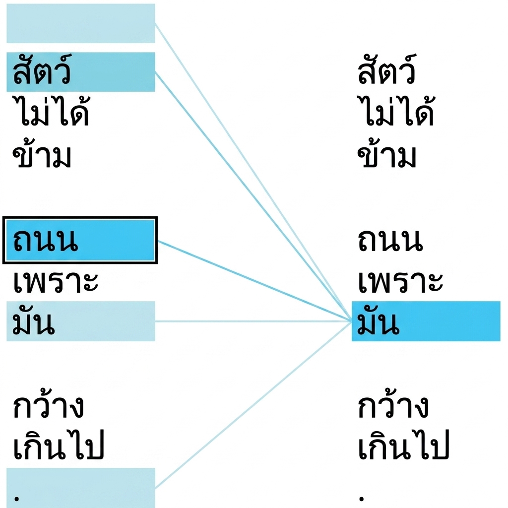 ประโยค "The animal didn't cross the street because it was too wide." โดยเน้นคำว่า 'it' และ 'street'