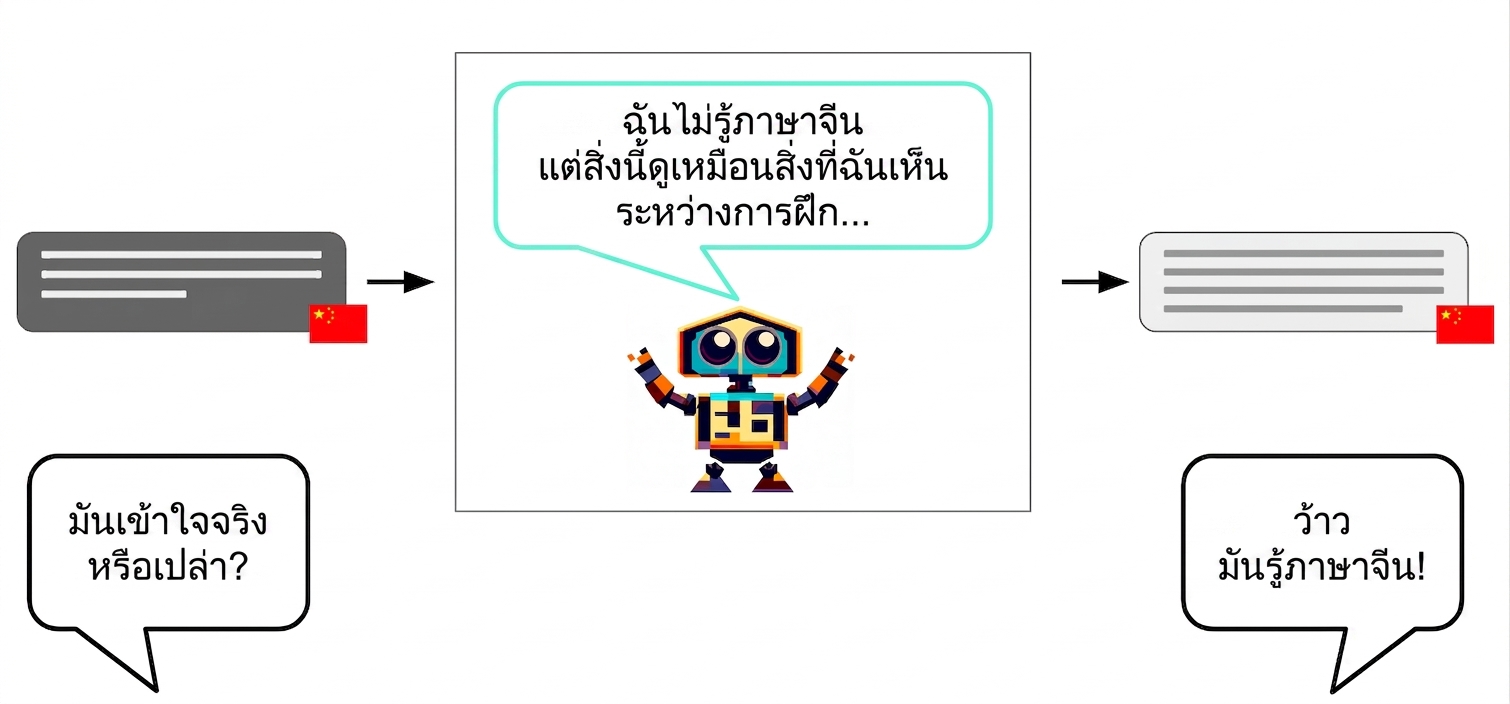 หุ่นยนต์รับข้อมูลตัวอักษรภาษาจีนและส่งออกเป็นตัวอักษรภาษาจีน แต่ภายในกล่องมันคิดว่า "ฉันไม่ได้เข้าใจภาษาจีนจริงๆ แต่นี่ดูเหมือนสิ่งที่เห็นตอนฝึก..."