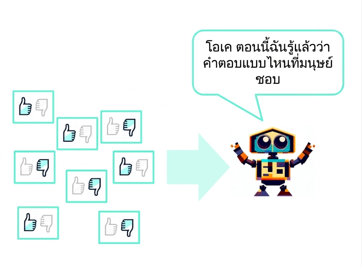 คำตอบหลายรายการที่ได้รับการกดถูกใจและไม่ถูกใจ ส่งไปยังหุ่นยนต์ที่พูดว่า "Okay, now I know what kind of answers the humans like"