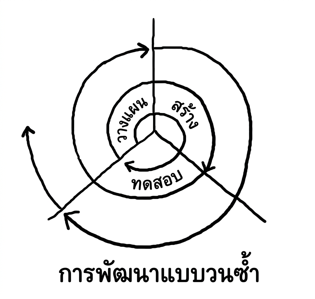 ภาพแสดงการพัฒนาแบบวนซ้ำ โดยแต่ละขั้นตอนขยายออกเป็นวงก้นหอย