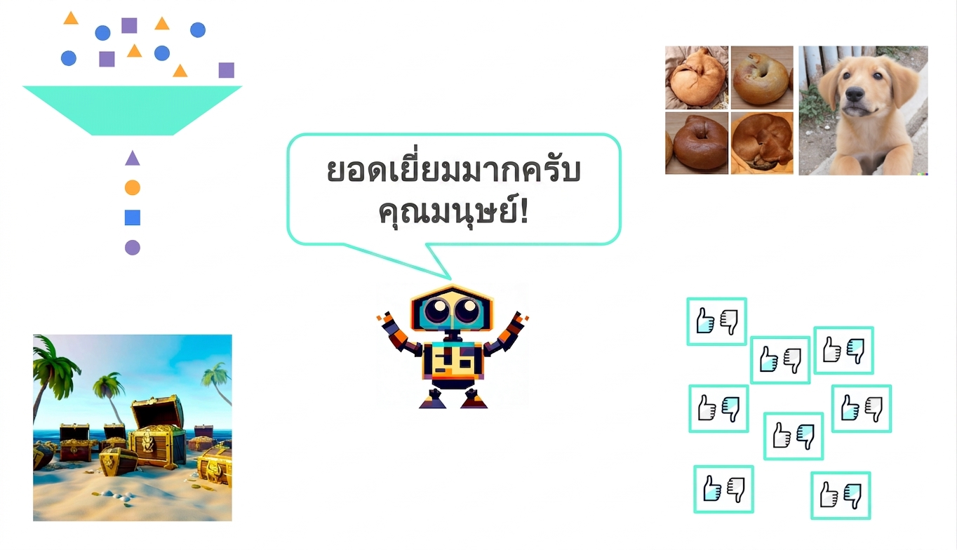 ภาพรวมของเนื้อหาในคอร์ส พร้อมหุ่นยนต์ตรงกลางที่พูดว่า "Great job, human!"