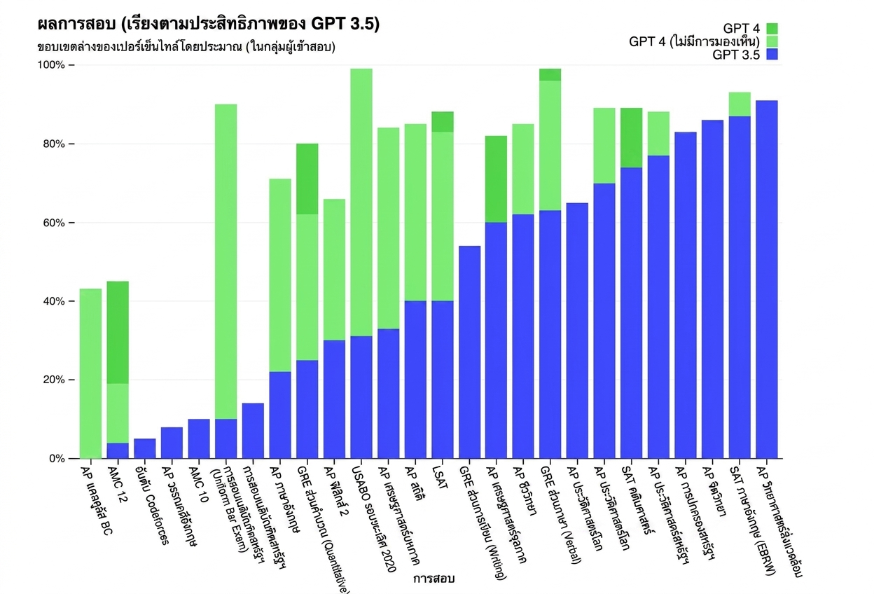 กราฟแสดงผลการทดสอบของ GPT-4 บนการสอบมาตรฐานหลายรายการ โดยทำได้ดีกว่านักศึกษาส่วนใหญ่ในการสอบชื่อดัง เช่น Uniform Bar Exam และ GRE