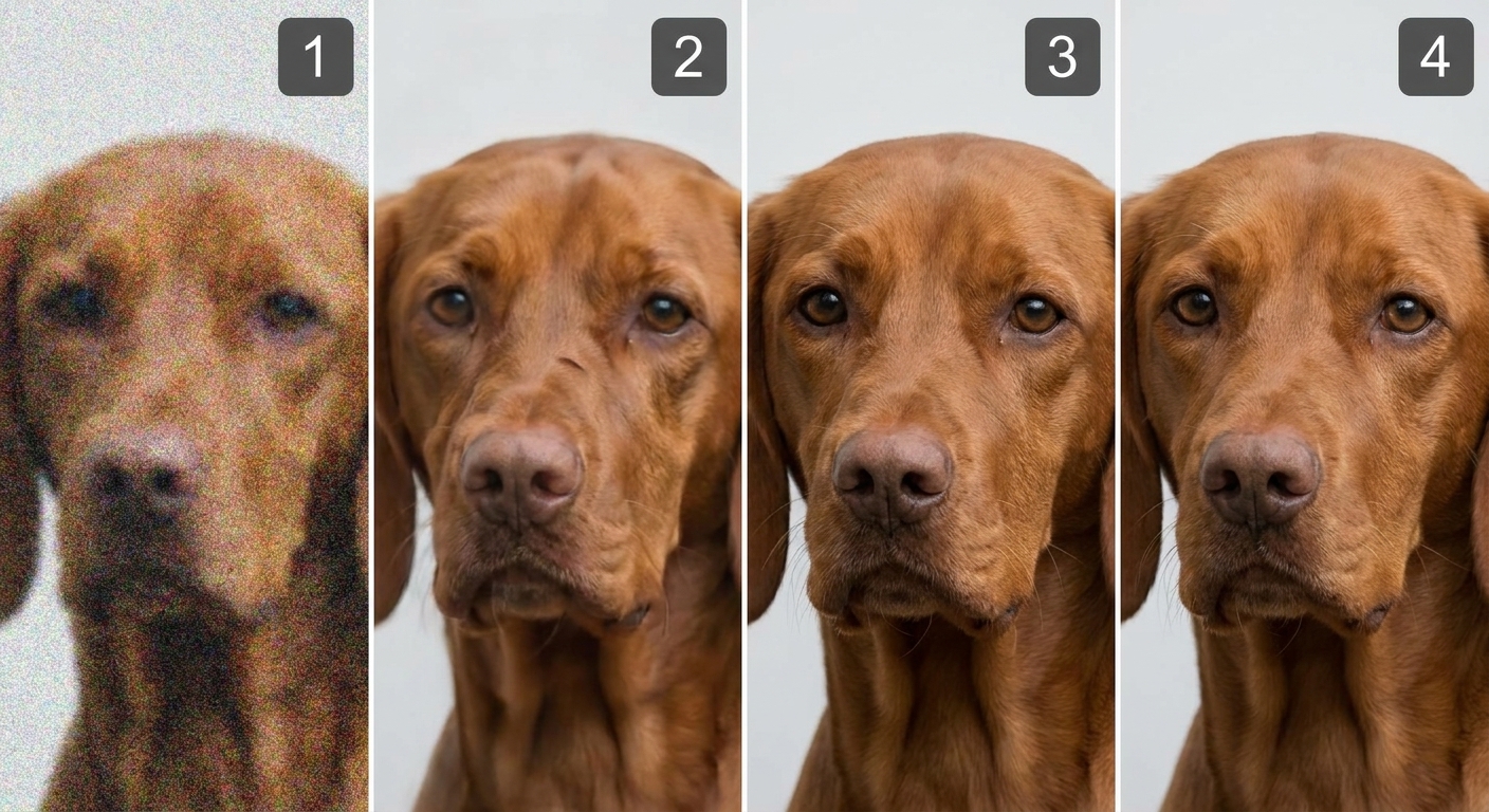 ภาพสุนัข 4 ภาพ แต่ละภาพดูสมจริงมากขึ้นกว่าภาพก่อนหน้า