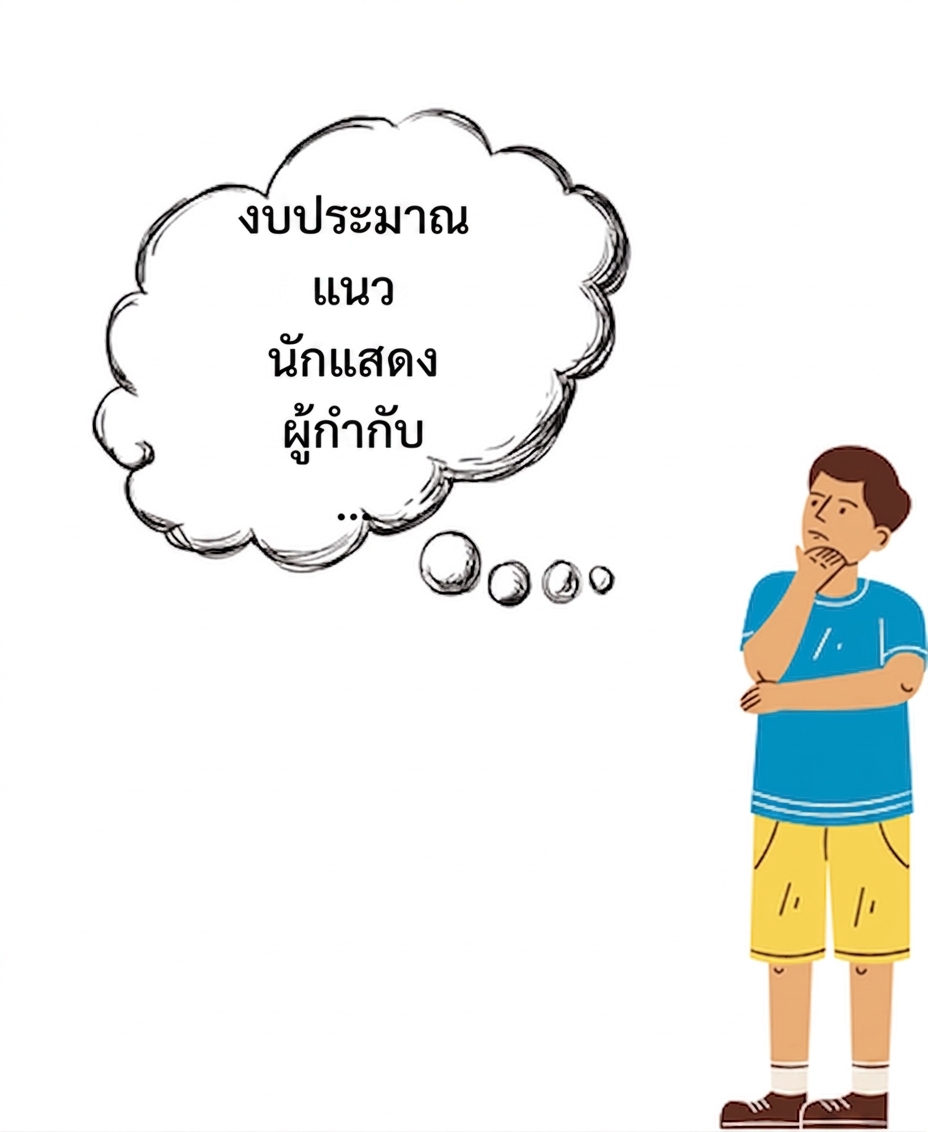 บุคคลกำลังคิดถึงปัจจัย ได้แก่ งบประมาณ ประเภท นักแสดง และผู้กำกับ