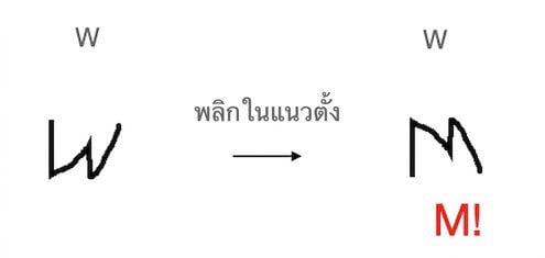 ตัวอักษร "W" เมื่อพลิกในแนวตั้งจะกลายเป็นตัวอักษร "M"