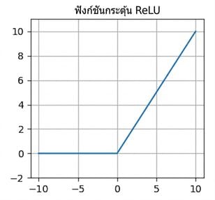 กราฟแสดงฟังก์ชัน ReLU ค่าที่ต่ำกว่าศูนย์จะเป็นแนวนอนที่ศูนย์ ค่าที่สูงกว่าศูนย์จะมีความชันเป็นบวก