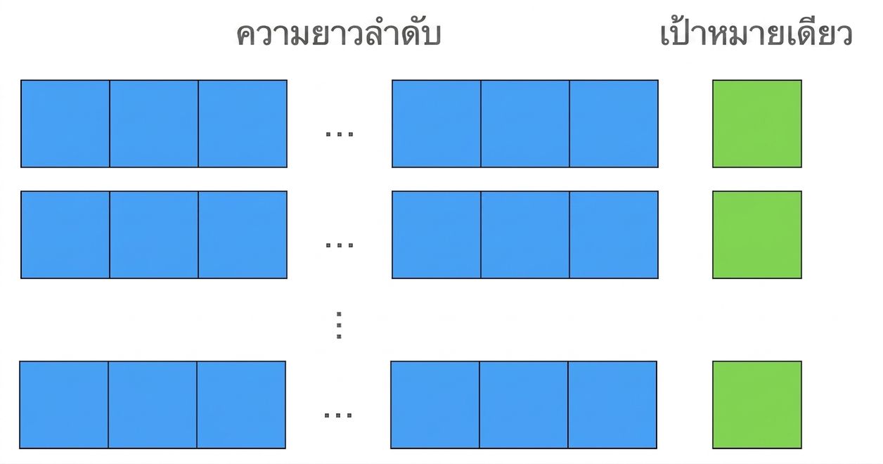 ลำดับอินพุตความยาวเท่ากันแสดงด้วยสีน้ำเงิน และค่าเป้าหมายแสดงด้วยสีเขียว