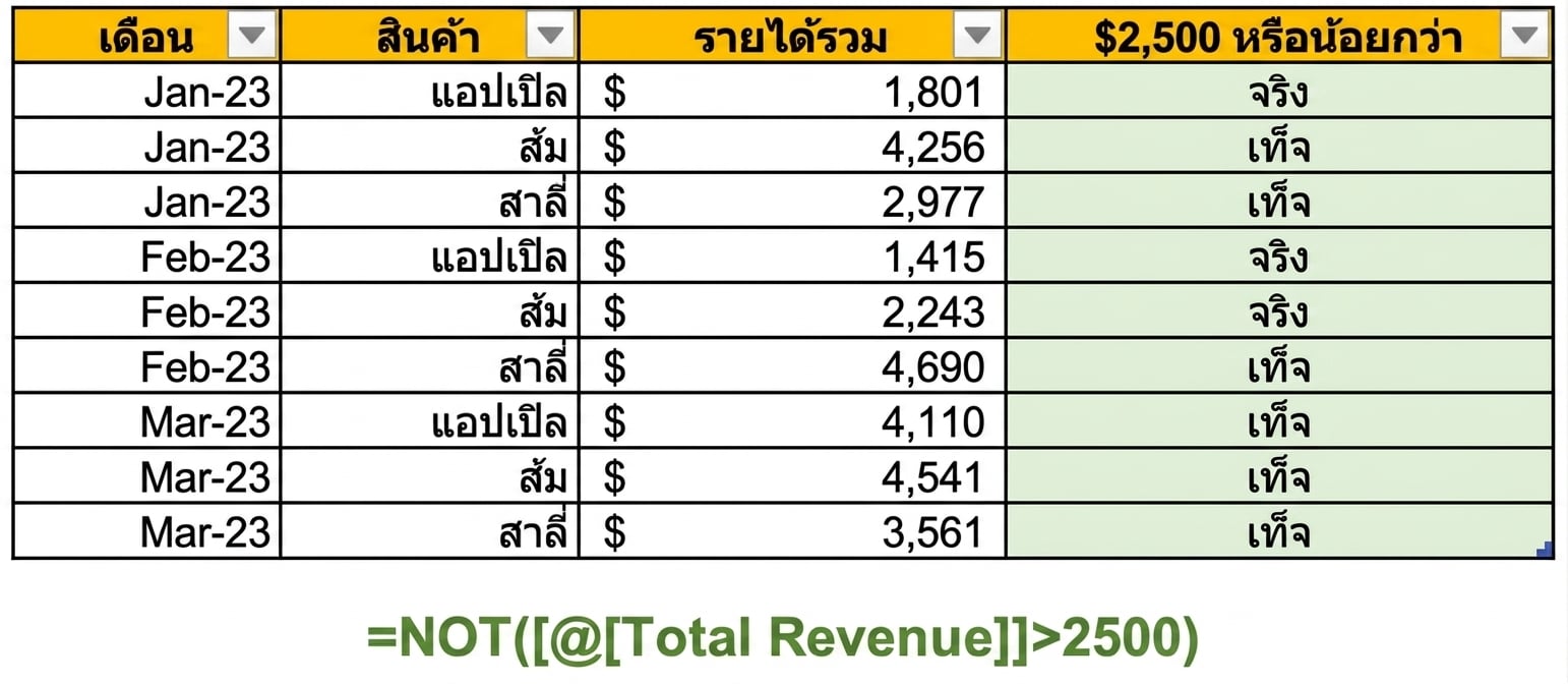 ตัวอย่างข้อมูลใน Excel แสดงการสร้างคอลัมน์โดยใช้ฟังก์ชัน NOT และตัวแปรหนึ่งตัวเป็นเงื่อนไข